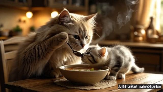 Милая кошка и ее котенок  Истории маленьких животных