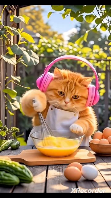 Котёнок слушает музыку и готовит