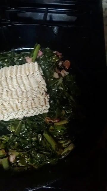 collard greens and ramen with bacon.    bomb!