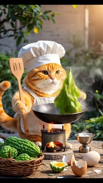 Кот готовит вкусный завтрак🙀🍽