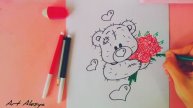 Рисую мишку с букетом цветов!🌹🥰