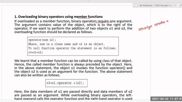 22-04-2021 C++ Operator Overloading | Binary Operator Overloading with example programs