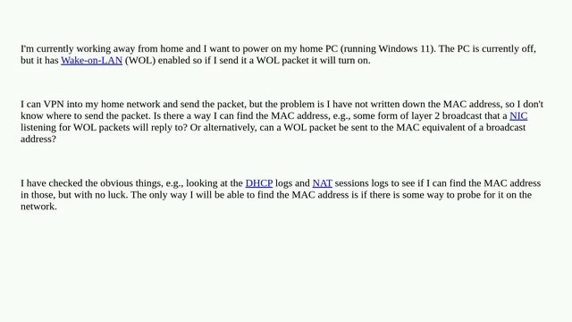 How can I find the MAC address of a host that is listening for wake on LAN packets?