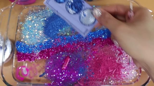 "MOON" Mixing'PinkBlue' Eyeshadow,Makeup more GLITTER  Into Slime.★ASMR★Satisfying Slime Video