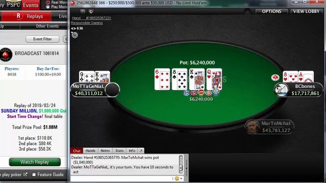 Replay | Final table Pokerstars $109 SUNDAY MILLION, $1,000,000 Gtd Start Time Change! Mar 24, 2019