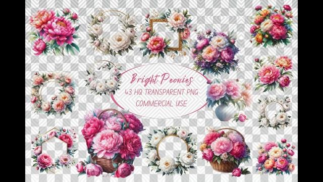 43 Bright Peonies Clipart, Pink peonies and greenery, Elegant flowers, Wedding frame,