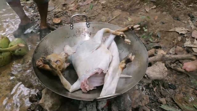 Wow! Cooking whole goat with coconut in the forest