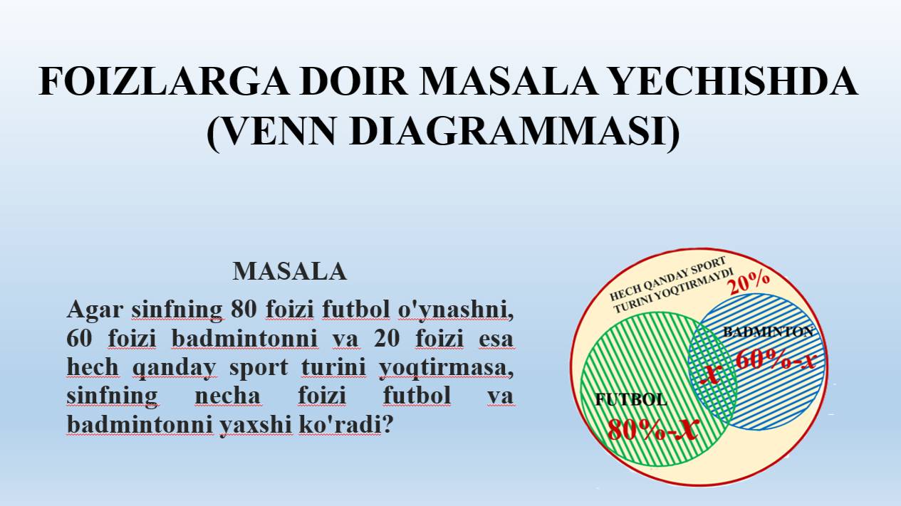 FOIZLARGA DOIR MASALA YECHISHDA (VENN DIAGRAMMASI)