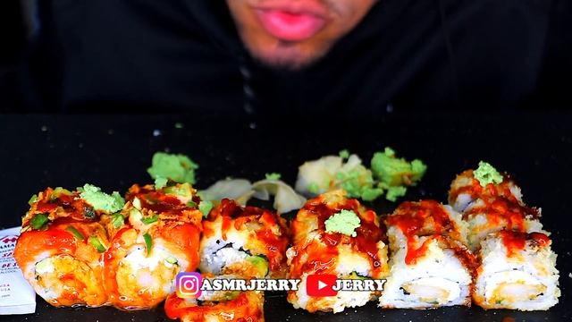 ASMR EATING SUSHI ROLLS BIG BITES MUKBANG JERRY WASABI CHALLENGE SOY SAUCE NO TALKING