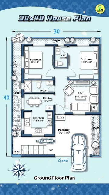 Update: 30×40 house plan with car parking, east facing, 30 by 40 home plan, 30*40 house design