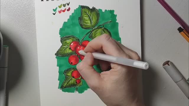 Как нарисовать веточку кислицы ( смородины ) маркерами просто урок №39