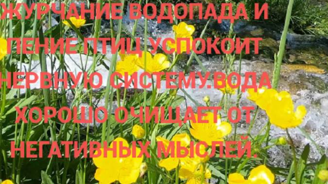 ЖУРЧАНИЕ ВОДОПАДА И ПЕНИЕ ПТИЦ УСПОКОИТ НЕРВНУЮ СИСТЕМУ.ВОДА ХОРОШО ОЧИЩАЕТ ОТ НЕГАТИВНЫХ МЫСЛЕЙ.