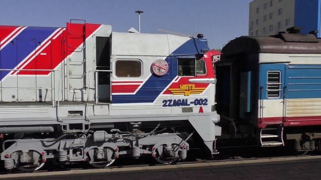 Diesel locomotives in Mongolia at Ulaanbaatar Railway Station. Railway is working well. Trains