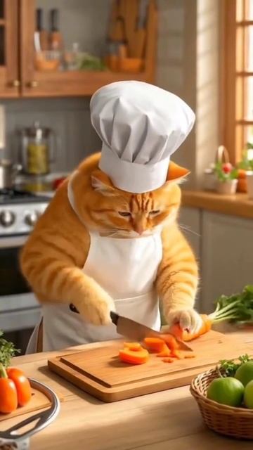 Рыжий кот готовит кушать