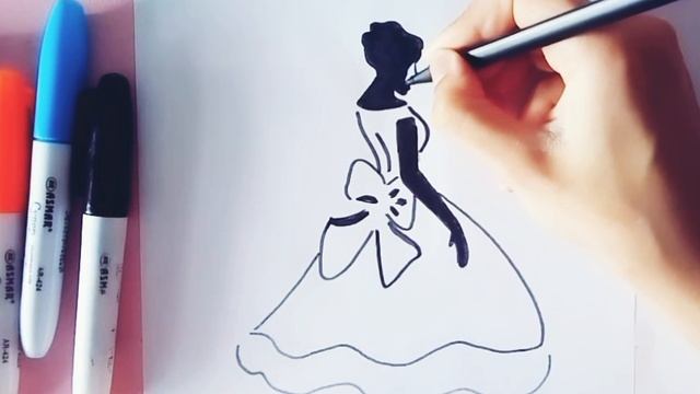 Рисую девушку в пышном белом платье чёрным маркером!🖤