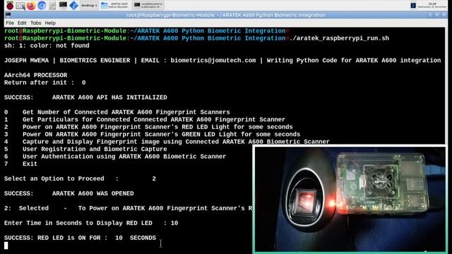 Raspberry Pi Biometric Python DEMO - Turning ON my ARATEK A600 Scanner's RED & GREEN LED Lights