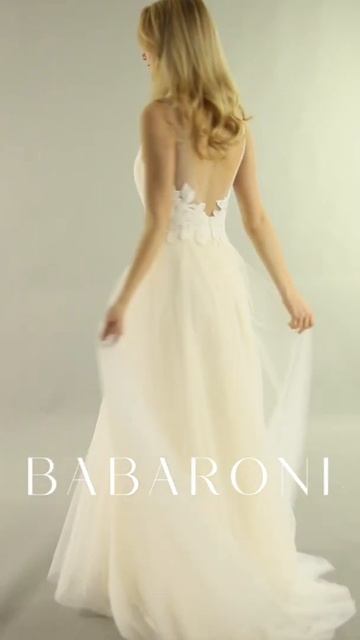 BABARONI Cyan Lace Bodice Tulle Skirt Sweep Train Bridal Gown