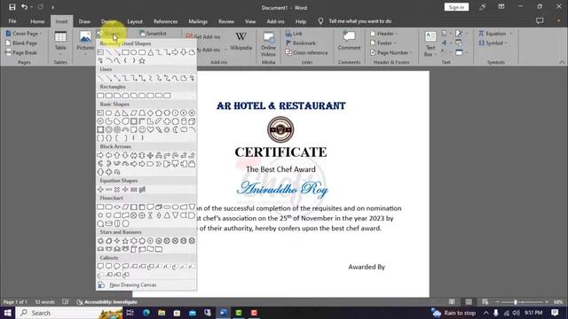 Professional Chef Course Training Certificate MS Word| Chef Training Course Certificate #Certificat