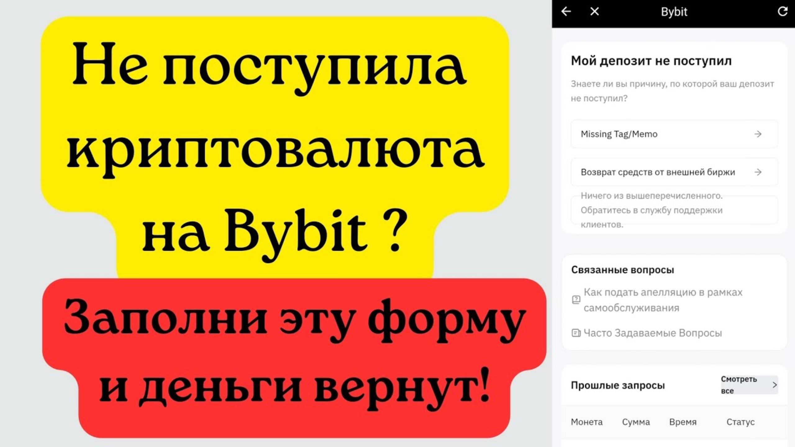 Не пришли деньги, криптовалюта на Байбит? Заполни эту форму и деньги вернут!