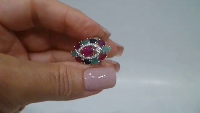 Кольцо с натуральным изумрудом, рубином и сапфиром Размер 17 Серебро 925