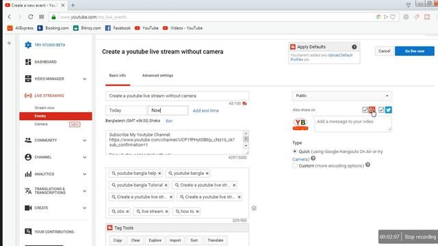 Create a youtube live stream without camera