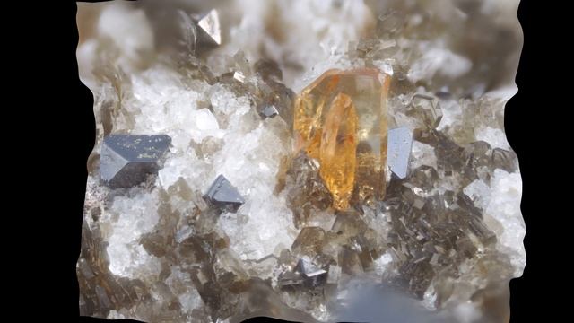 Mineral Monazit-Zwilling, Magnetit, Muskowit, Albit
