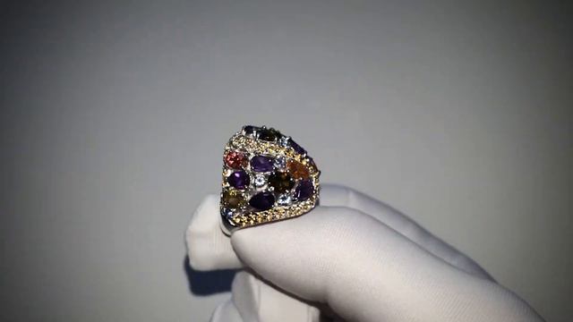 Кольцо с Аметистами, желтыми Сапфирами, Турмалинами и Танзанитами