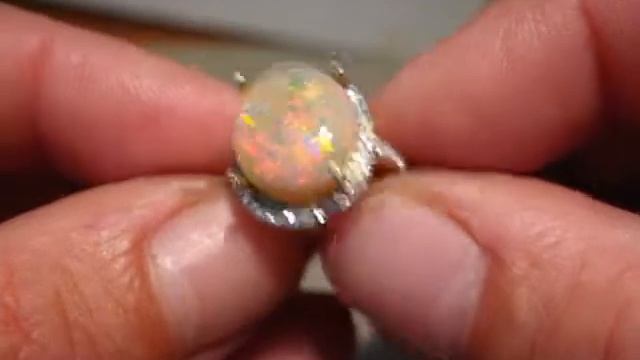 FlashOpal Large Red Yellow Australian Opal and Diamond Ring