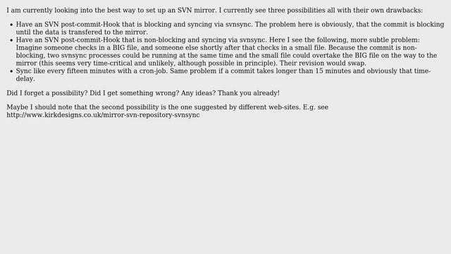 DevOps & SysAdmins: Best way to create an SVN-Mirror?