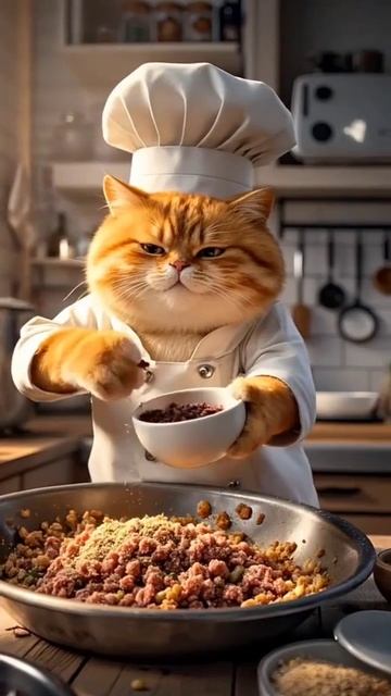 Рыжий котик готовит колбасу