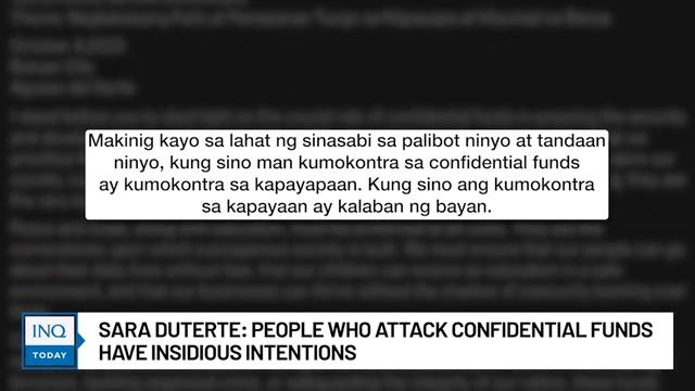 Sara Duterte: People who attack confidential funds have insidious intentions | INQToday