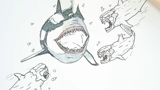 How to draw Megalodon against dunkleostas - drawing for children