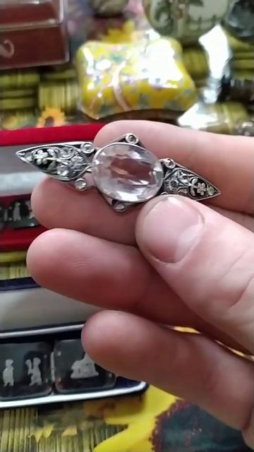 Брошь.ART-Deco ,Горный хрусталь , серебро .