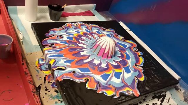 #5 Experiment on a cloth-covered w/paint poured over a juicer part