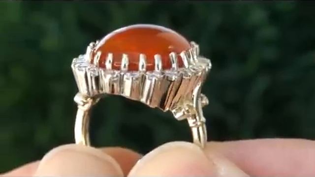 HARD TO FIND Red & Green Flash Phenomenon Mexican Fire Opal & Diamond Ring