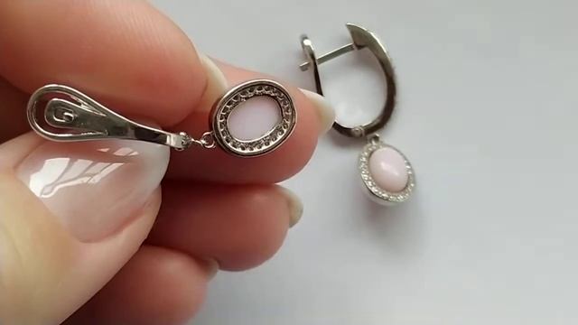 Серебряные серьги с австралийскими розовыми опалами 8х6мм и фианитами, день