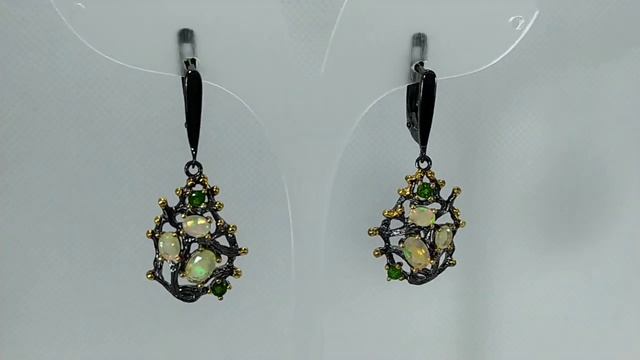 Серьги с натуральными эфиопскими опалами и хромдиопсидом в черной позолоте Серебро 925