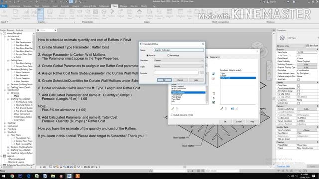 Cost Estimate of Roof Rafters in Revit. Program of Works in Revit.