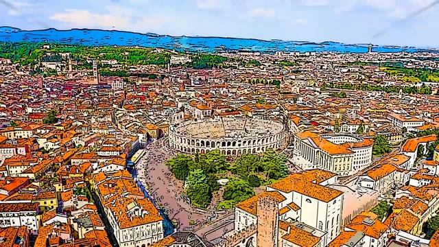 Color sketch in cartoon style. Verona, Italy. Flying over the historic city center. Arena di Verona