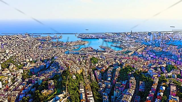 Color sketch in cartoon style. Genoa, Italy. Central part of the city, aerial view. Ships in the po