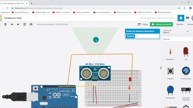 circuito tinkercad 100 cm sensor de distancia arduino LED