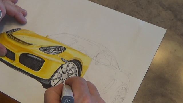 Porsche Cayman GT4 Speed drawing. Copic markers and colored pencil.