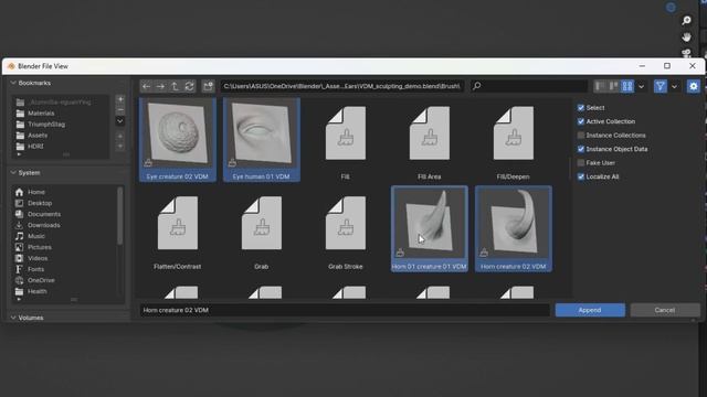 Append How to add VDM brushes to Blender project