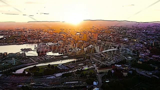 Color sketch in cartoon style. Oslo, Norway. City view during sunset. Back light. The central part