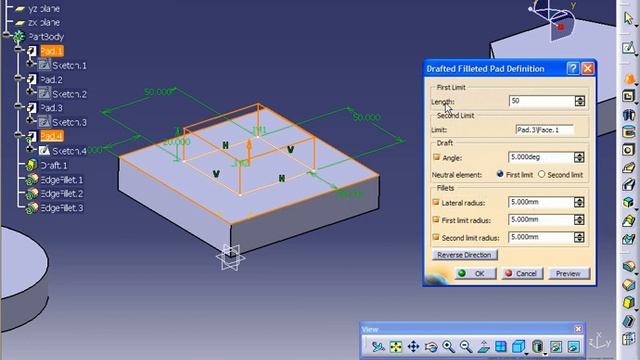 Catia V5 Tutorial-40 Drafted Filleted Pad