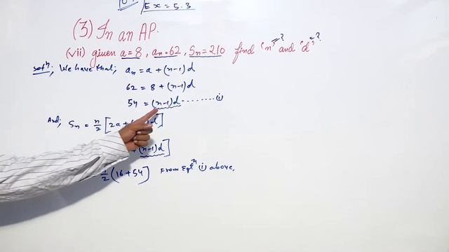 In an AP :  given a=8,  d=62, Sn = 210 find 'n' and 'd'. Ex -5.3 Q. No.3 (vii)