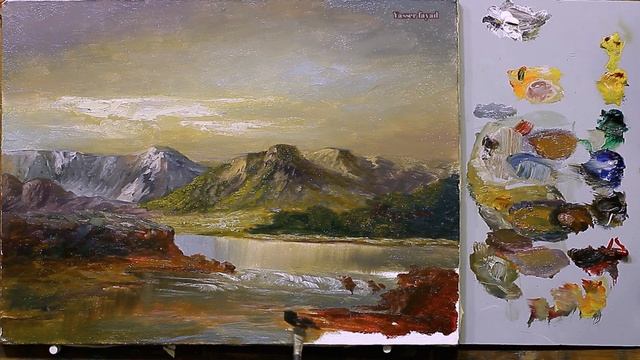 Oil Painting Landscape With Mountains + Lake By Yasser Fayad