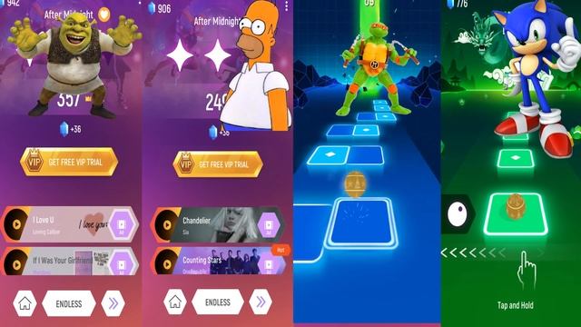 Tiles hop superheroes Shrek + Gomer + Donatello + Sonik