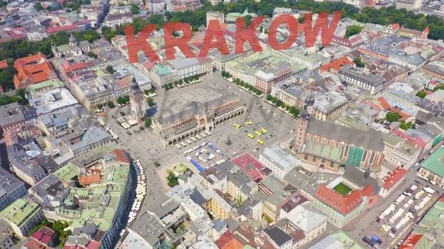 Inscription on video. Krakow, Poland. Main Square. Big city square of the 13th century. View of the