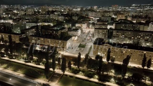 A-Log. Saratov, Russia. Embankment of Cosmonauts. Panorama of the night city, Aerial View, Point of